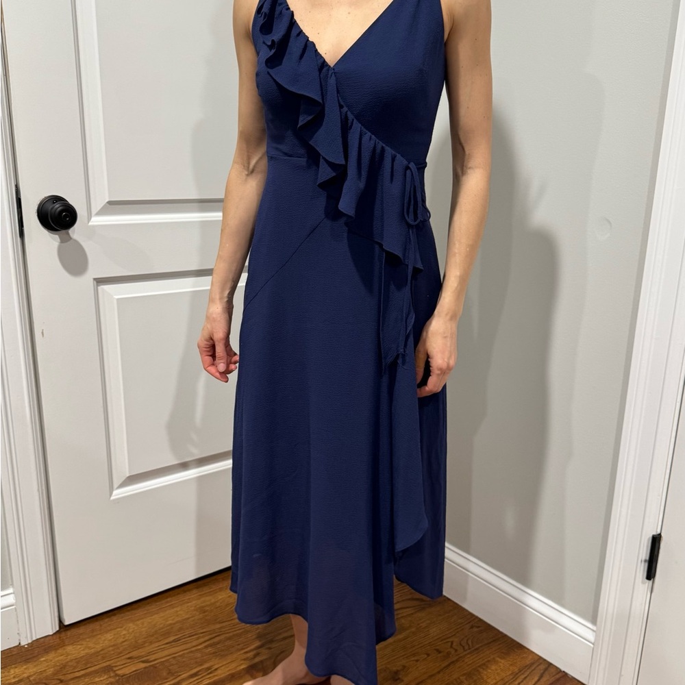 Chic Asymmetrical Navy Dress with Ruffle Detail